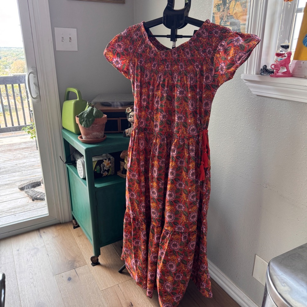 Printfresh Orange Monkey Floral Smocked Tiered Midi Dress Large Boho Tassel Pink